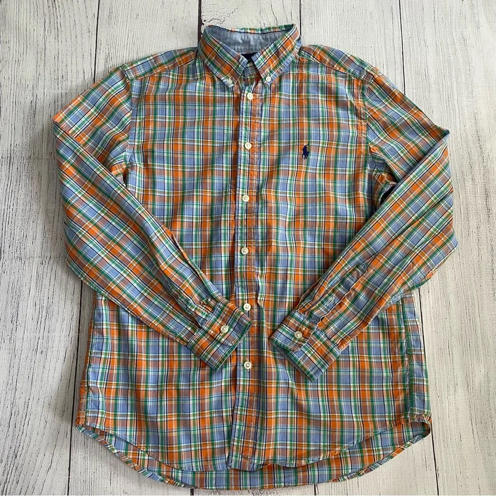 Ralph Lauren Blue, Green & Orange Plaid Long Sleeve Button Down size L (14-16)